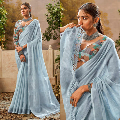 Blue Woven Pure Cotton Saree With Tassels