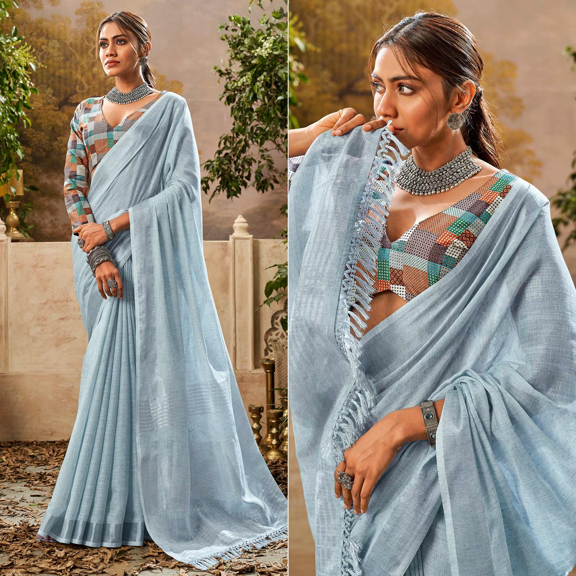 Blue Woven Pure Cotton Saree With Tassels