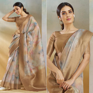 Chikoo Woven With Digital Printed Linen Saree