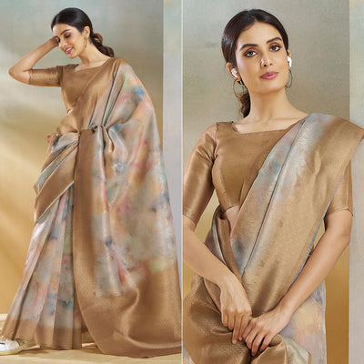 Chikoo Woven With Digital Printed Linen Saree