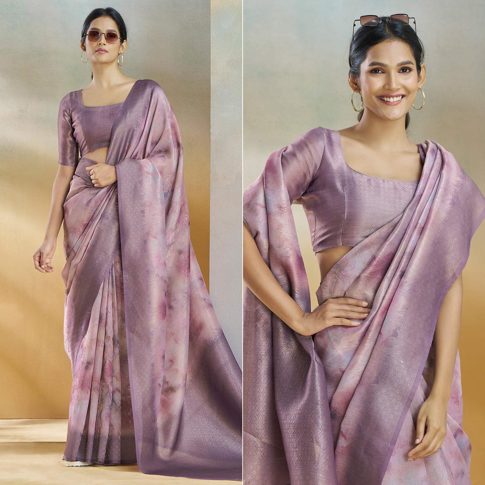 Lavender Woven With Digital Printed Linen Saree