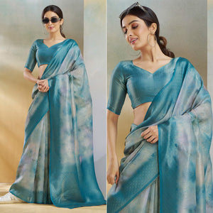 Blue Woven With Digital Printed Linen Saree