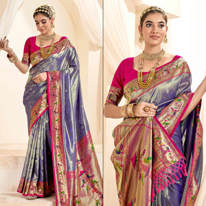 Blue Woven Tissue Paithani Saree With Tassels
