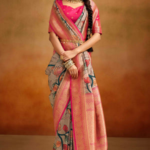 Light Mauve Kalamkari Printed Tussar Silk Saree With Banarasi Border