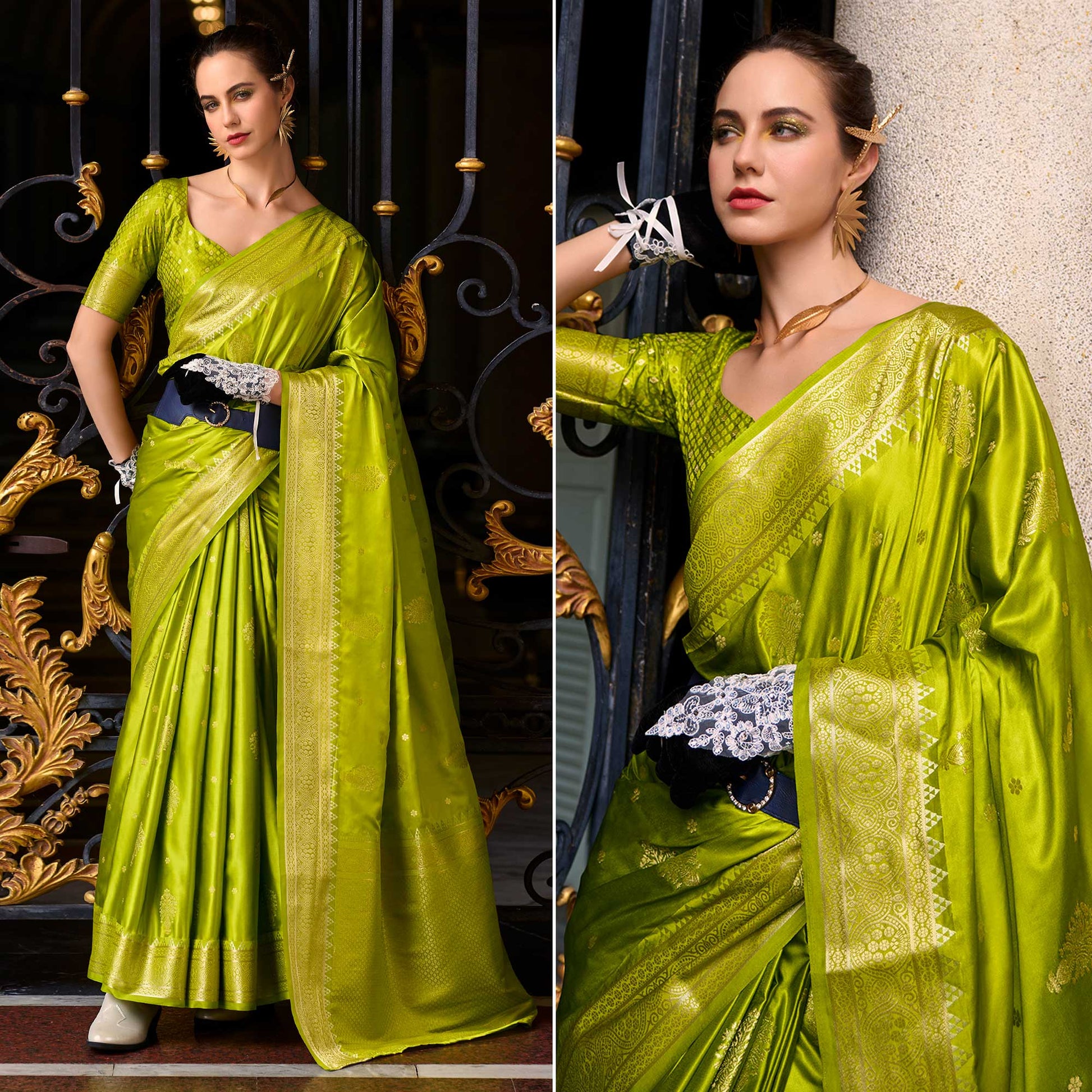 green-floral-woven-satin-silk-saree