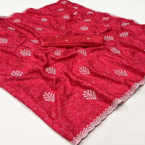 Gajari Red Floral Embroidered Dola Silk Saree