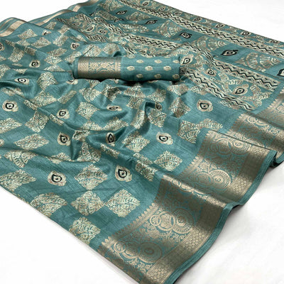 Light Sea Green Foil Printed Dola Silk Saree With Jacquard Border
