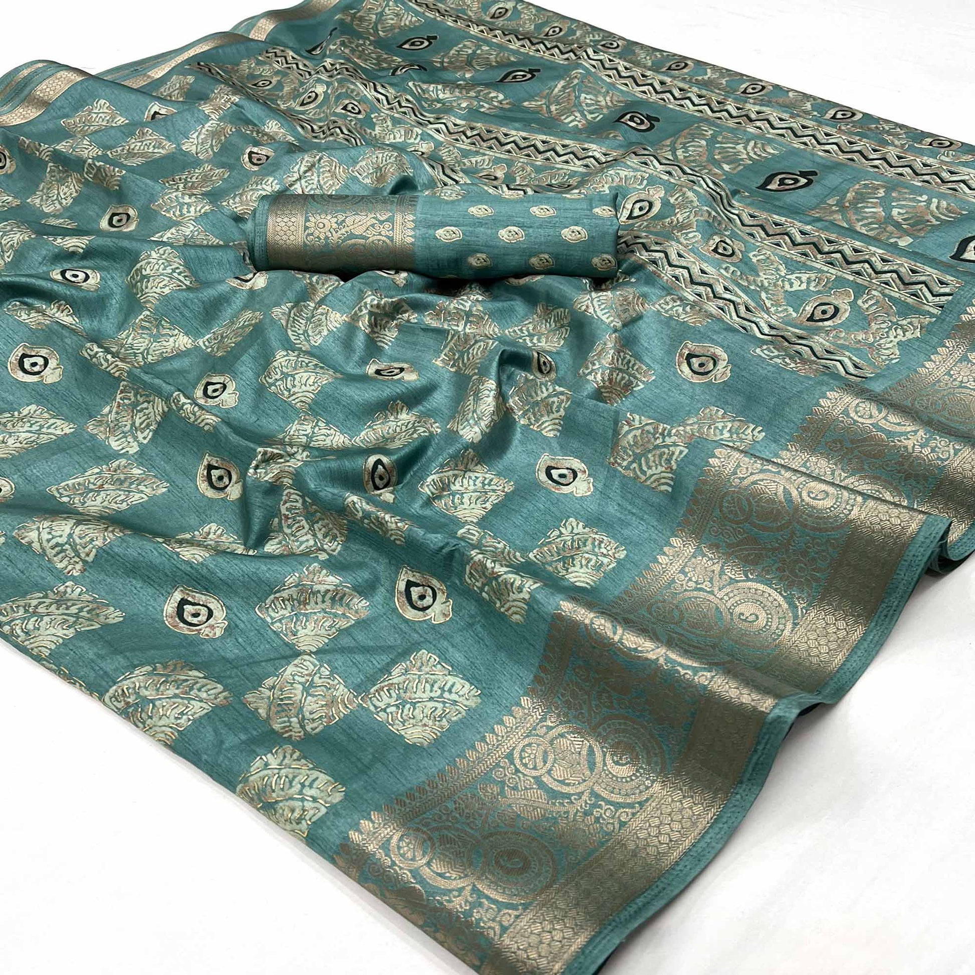 Light Sea Green Foil Printed Dola Silk Saree With Jacquard Border