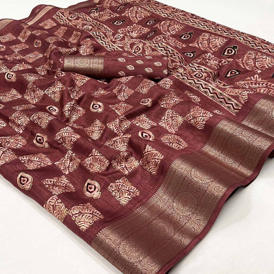 Light Maroon Foil Printed Dola Silk Saree With Jacquard Border