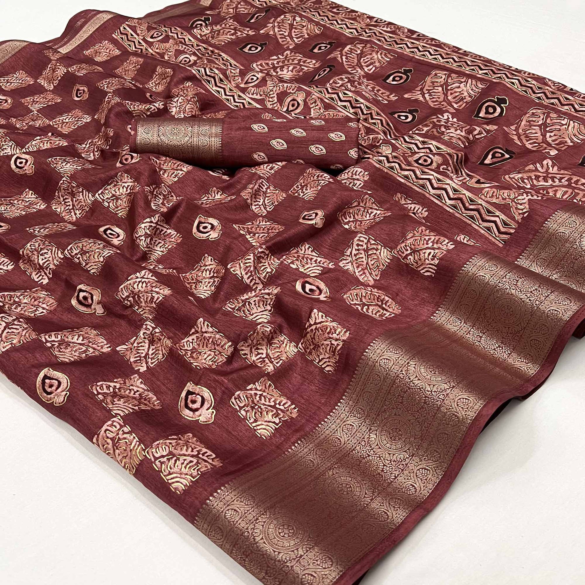 Light Maroon Foil Printed Dola Silk Saree With Jacquard Border