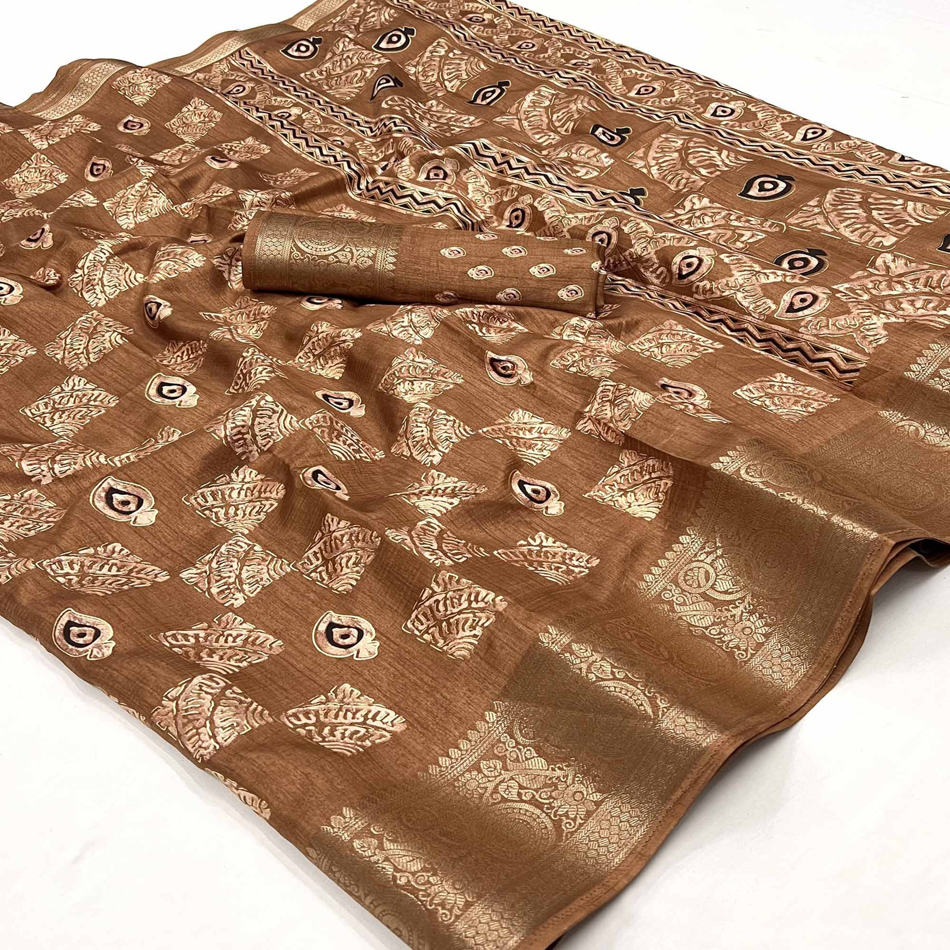 Chikoo Foil Printed Dola Silk Saree With Jacquard Border