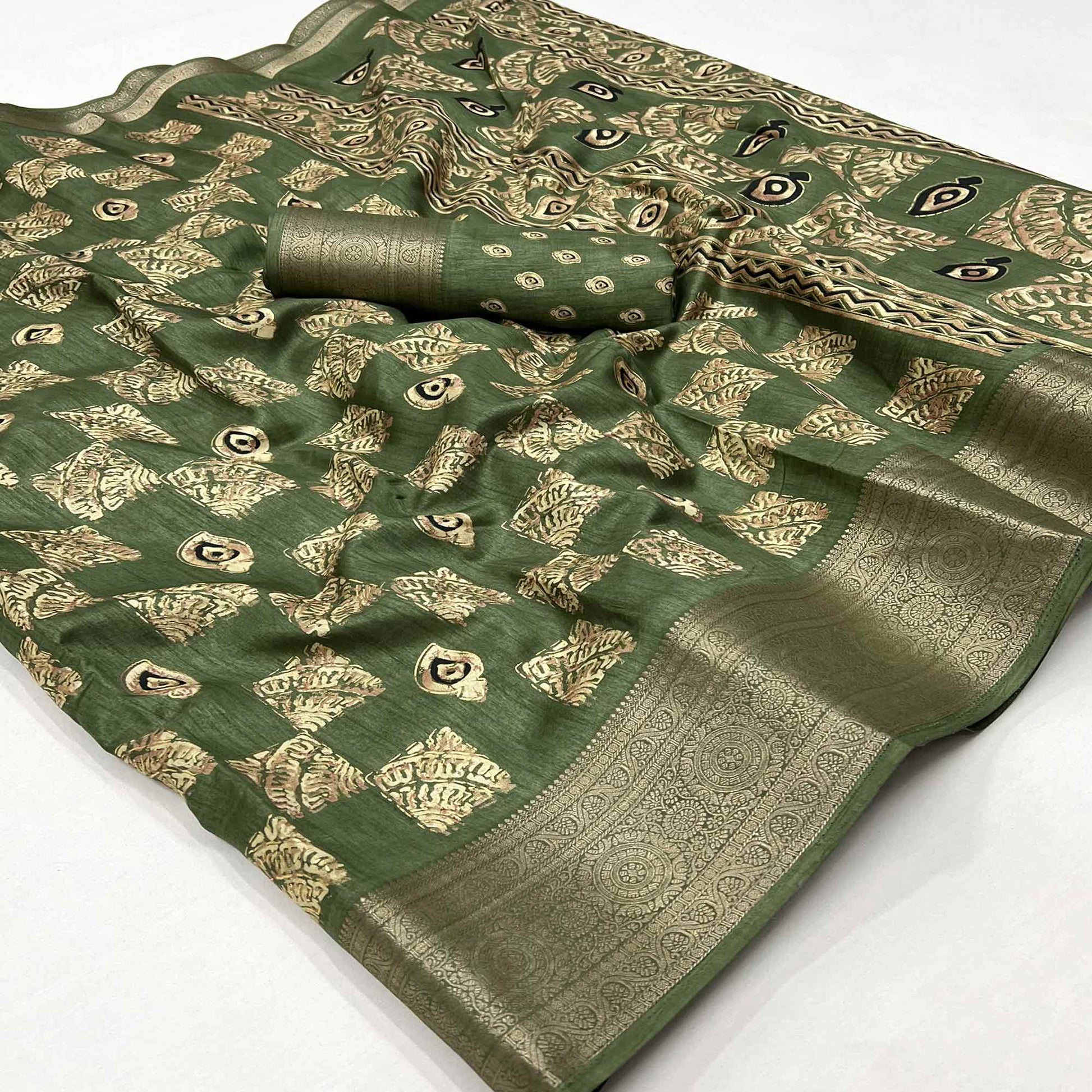 green-foil-printed-dola-silk-saree-with-jacquard-border