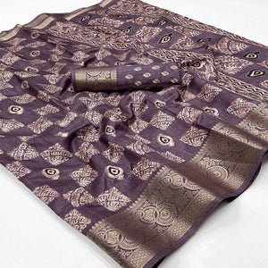 Dusty Wine Foil Printed Dola Silk Saree With Jacquard Border