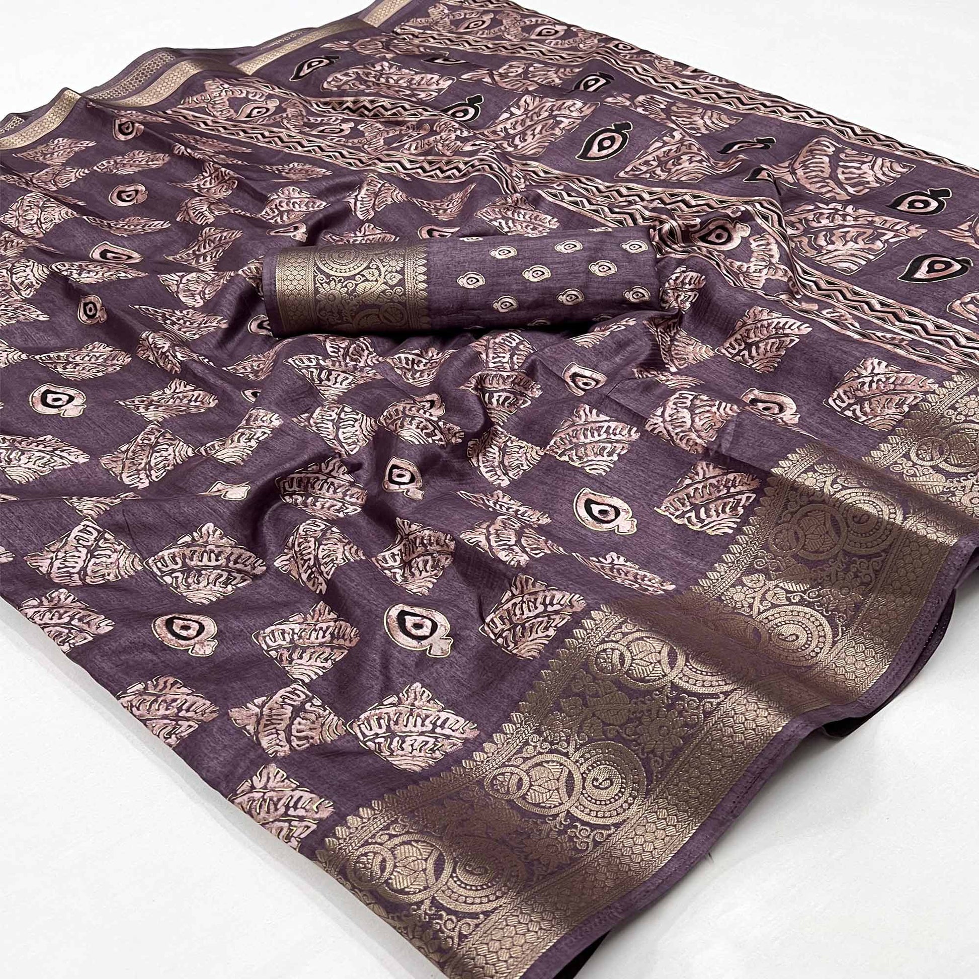 Dusty Wine Foil Printed Dola Silk Saree With Jacquard Border