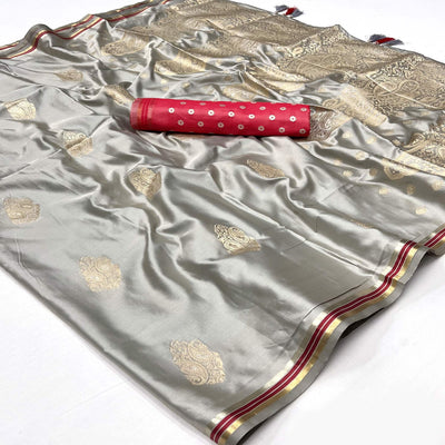 Grey Woven Satin Saree With Tassels