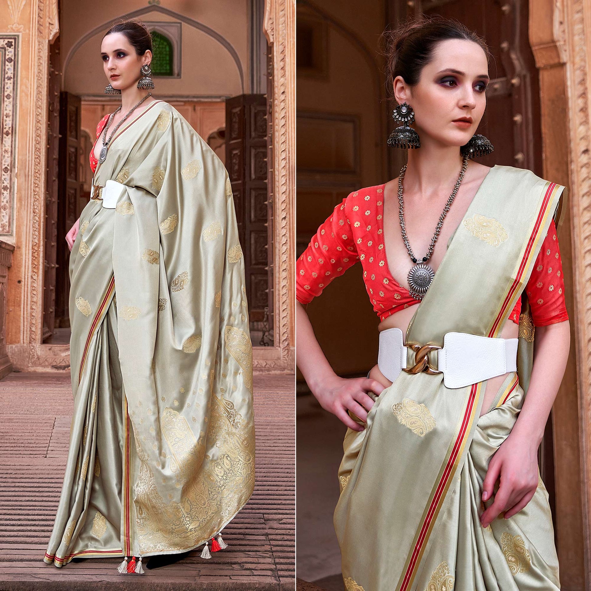 Grey Woven Satin Saree With Tassels