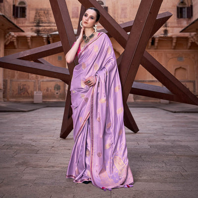 Light Purple Woven Satin Saree With Tassels