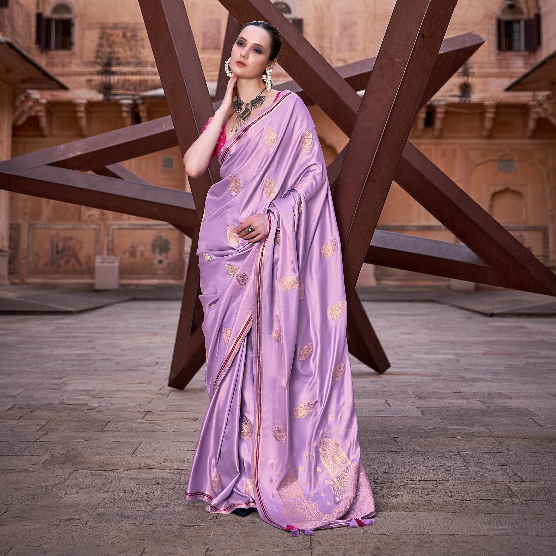 Light Purple Woven Satin Saree With Tassels