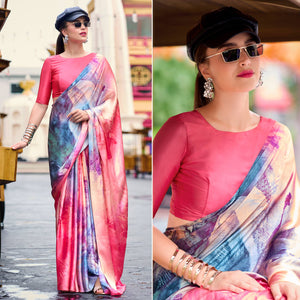 Gajri Pink Digital Printed Pure Satin Saree