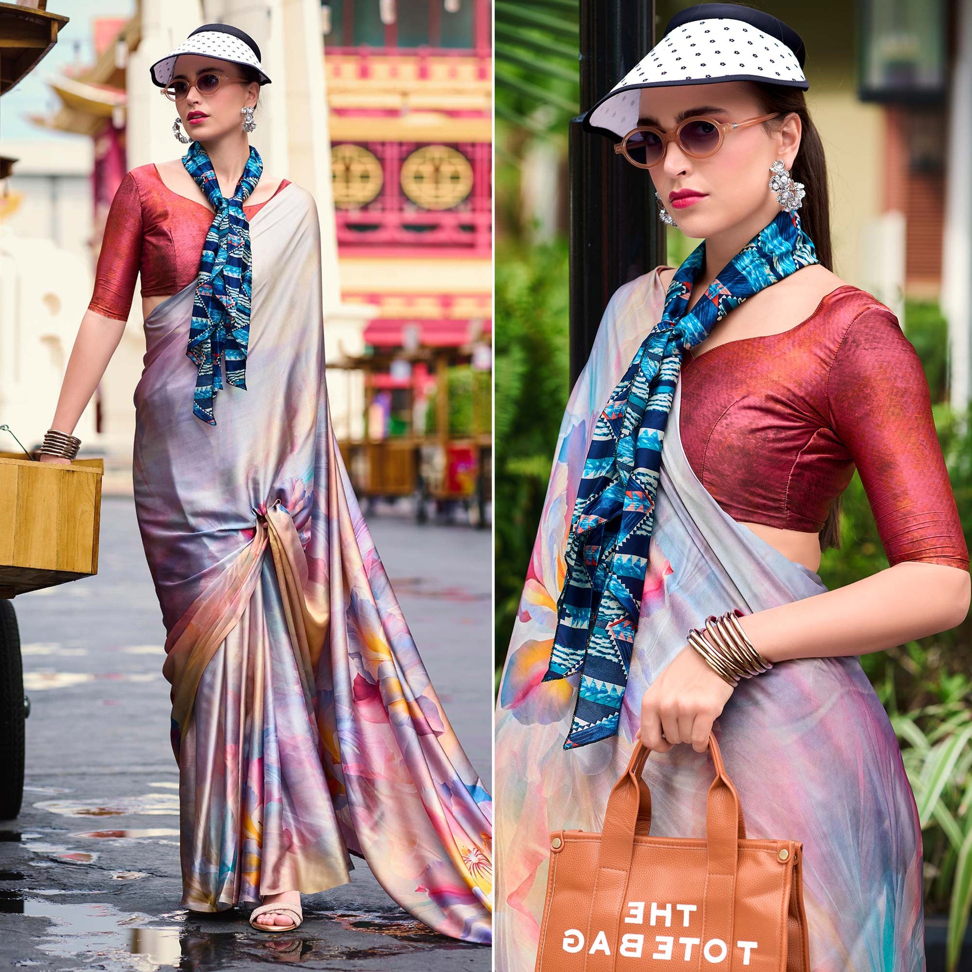 Light Mauve Digital Printed Pure Satin Saree