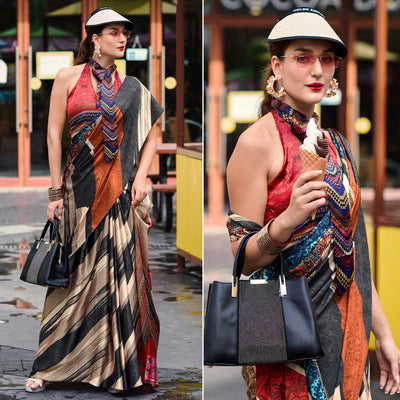 Multicolor Striped Digital Printed Pure Satin Saree