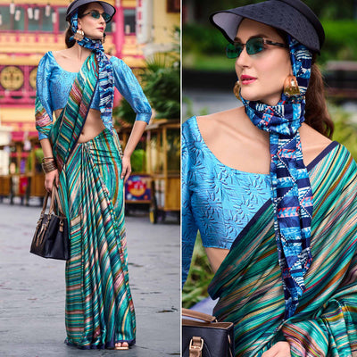 Rama Green Striped Digital Printed Pure Satin Saree