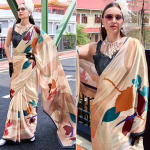 Cream Floral Digital Printed Pure Satin Saree