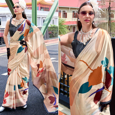 Cream Floral Digital Printed Pure Satin Saree