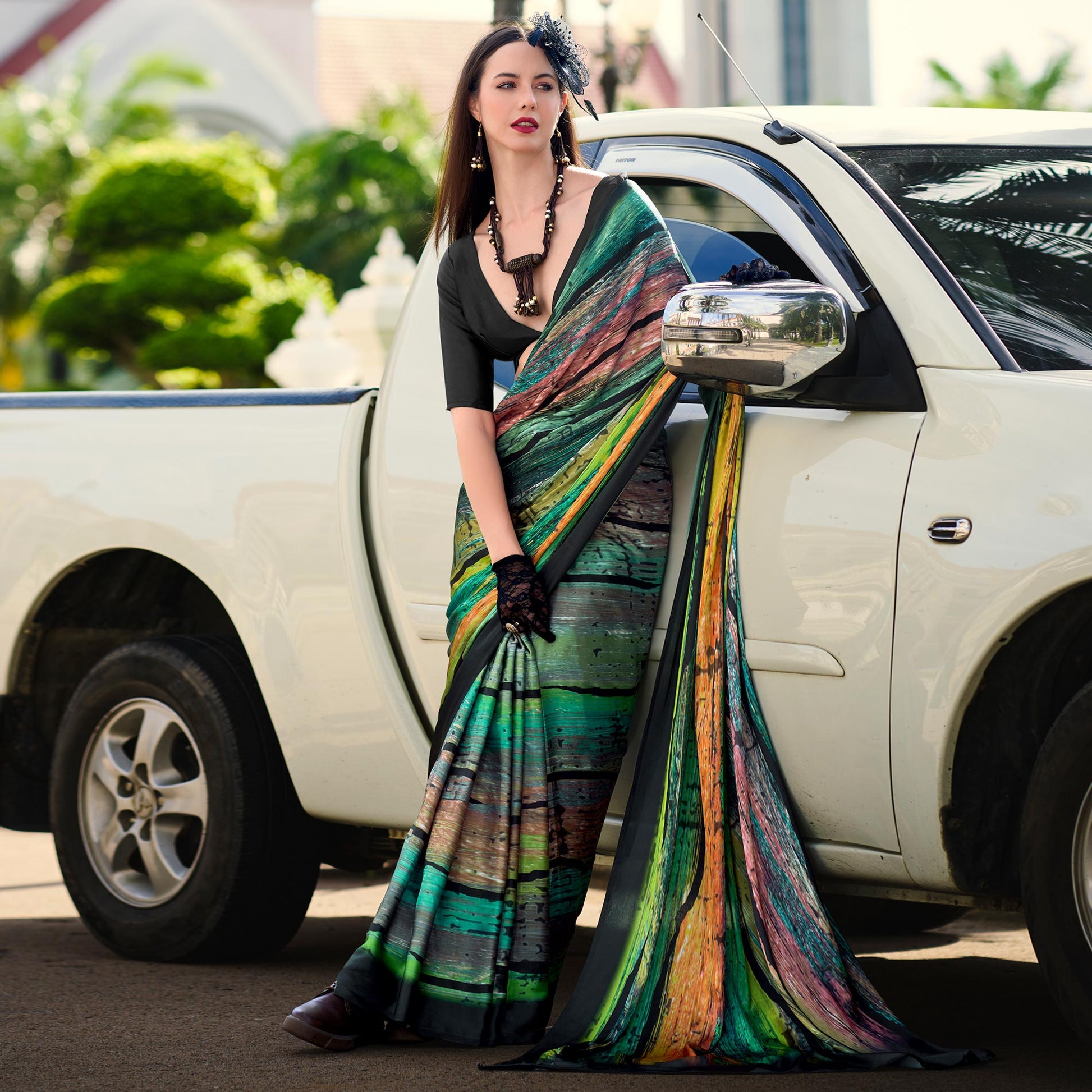 Multicolor Digital Printed Pure Satin Saree