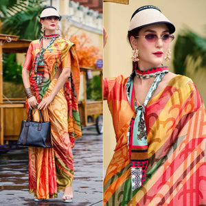 Multicolor Digital Printed Pure Satin Saree