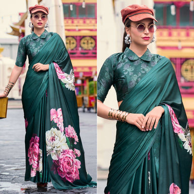 Bottle Green Digital Printed Pure Satin Saree