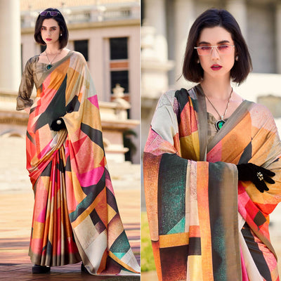 Multicolor Digital Printed Pure Satin Saree