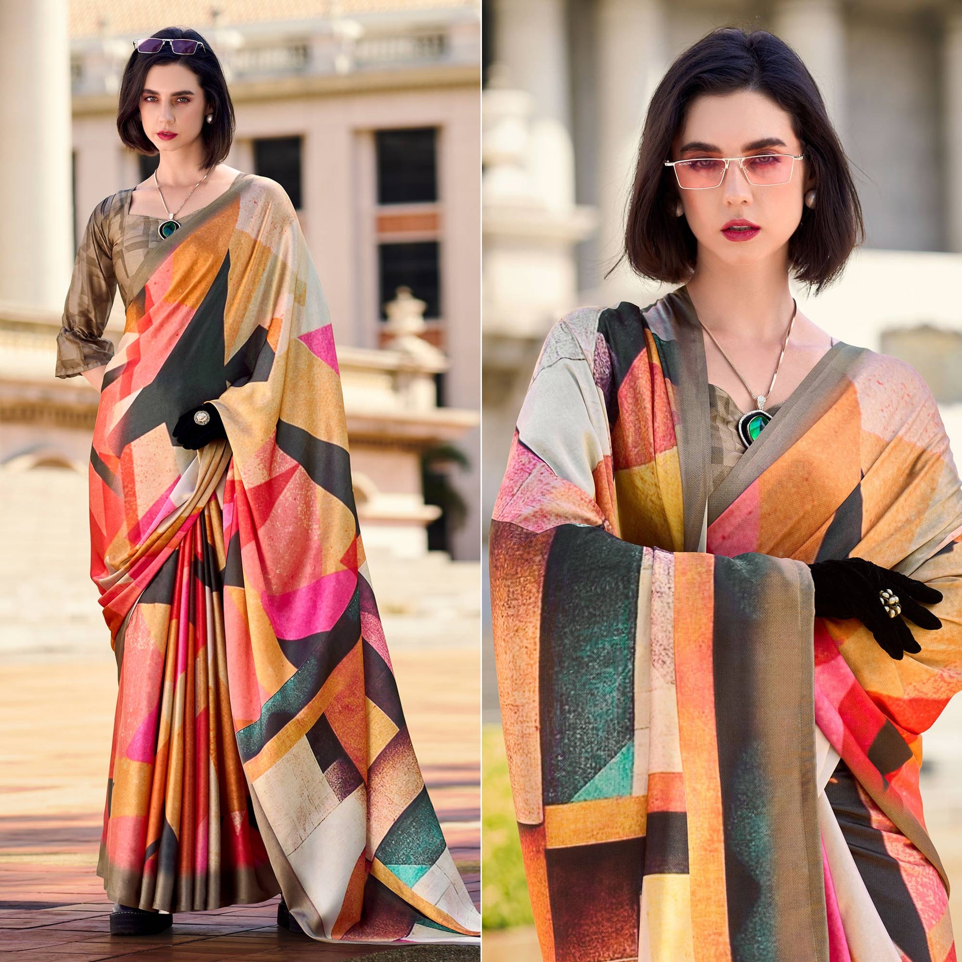Multicolor Digital Printed Pure Satin Saree