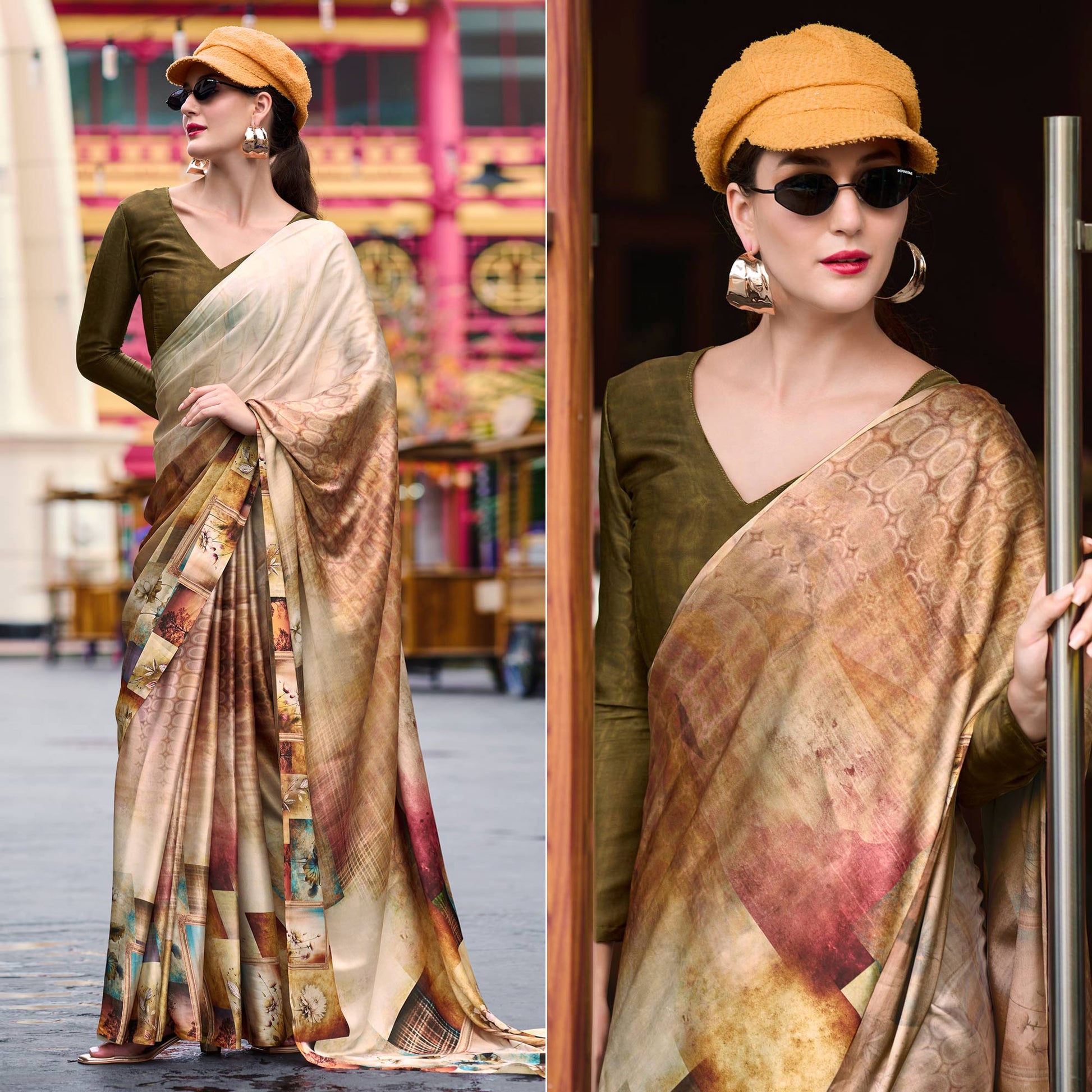 Chikoo Digital Printed Pure Satin Saree