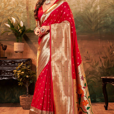 Cherry Red Zari Weaving Pure Silk Paithani Saree