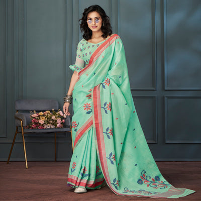 green-floral-woven-linen-saree-1