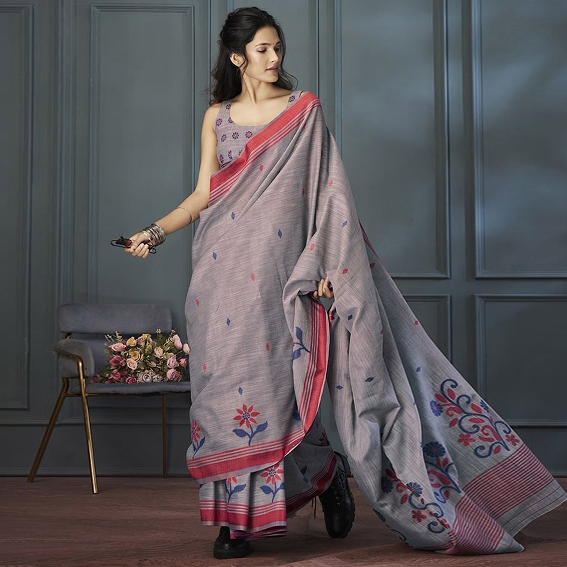 grey-floral-woven-linen-saree-1