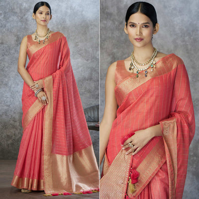 Gajari Pink Woven Cotton Silk Saree With Tassels