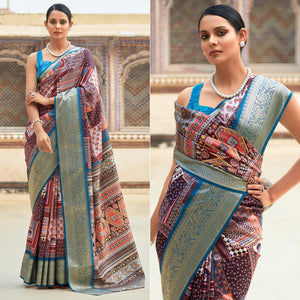 Brown & Blue Printed Dola Silk Saree