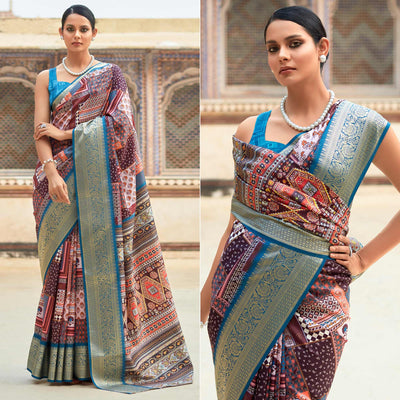 Brown & Blue Printed Dola Silk Saree