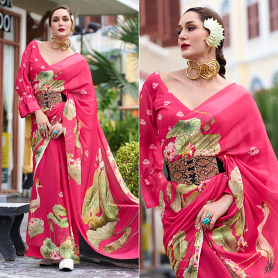 Pink Floral Printed Georgette Saree