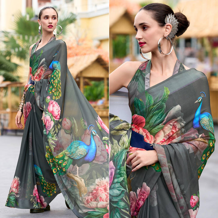 Grey Floral Printed Georgette Saree