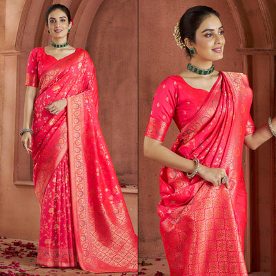 Gajri Pink Floral Woven Pure Banarasi Silk Saree