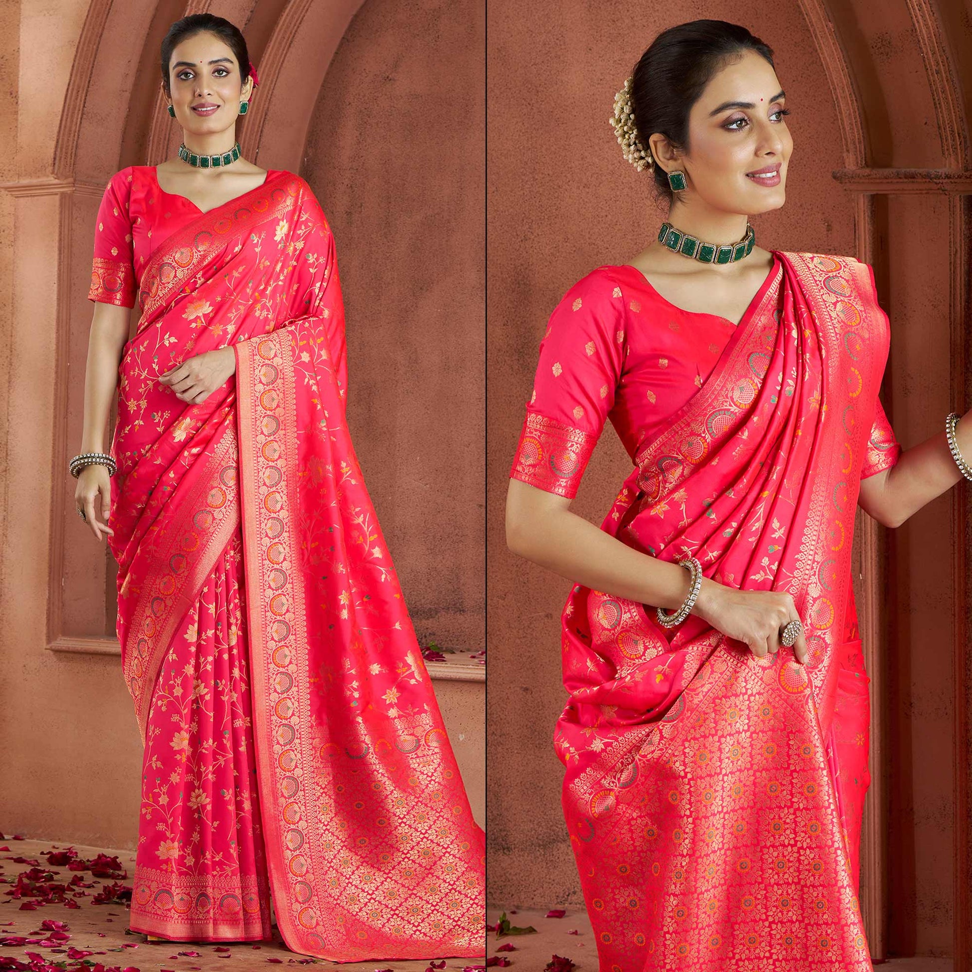 Gajri Pink Floral Woven Pure Banarasi Silk Saree