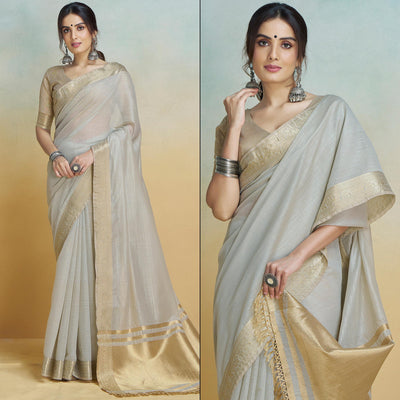 Light Grey Woven Cotton Silk Saree With Tassels