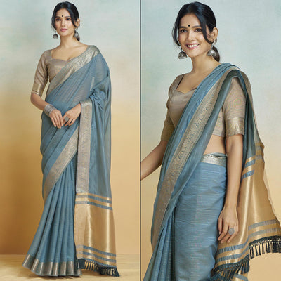 Grey Woven Cotton Silk Saree With Tassels