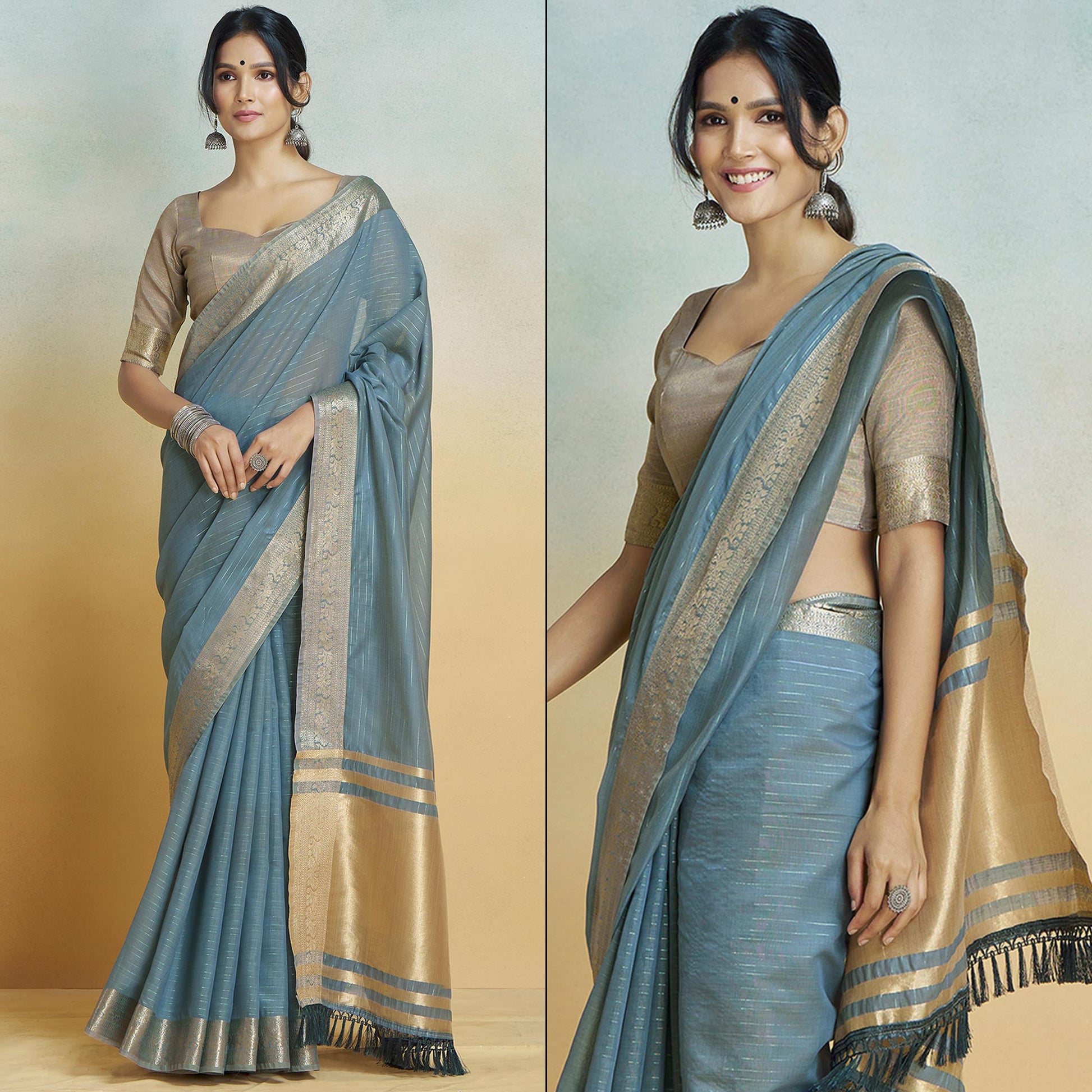 Grey Woven Cotton Silk Saree With Tassels