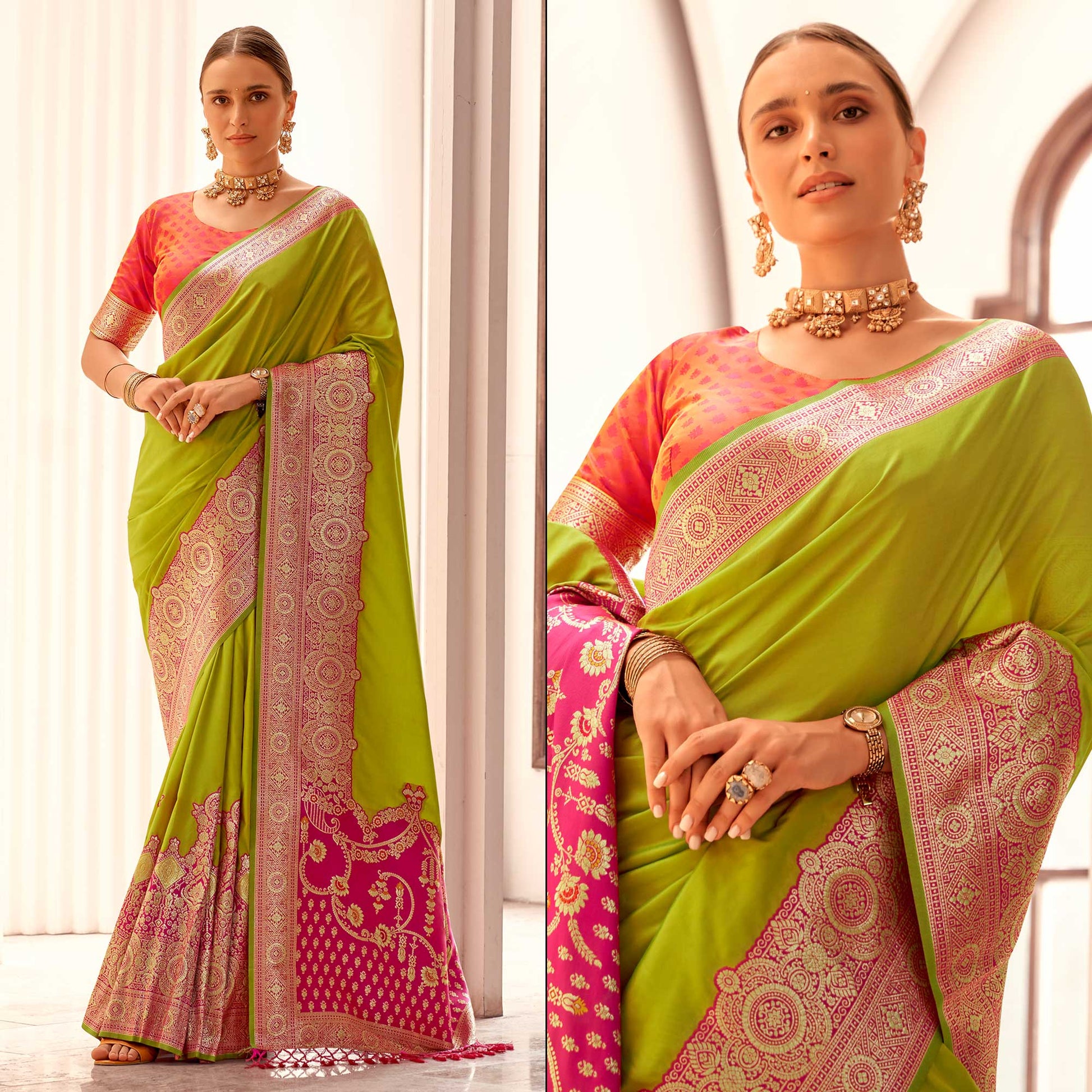 green-floral-woven-banarasi-silk-saree-with-tassels-9