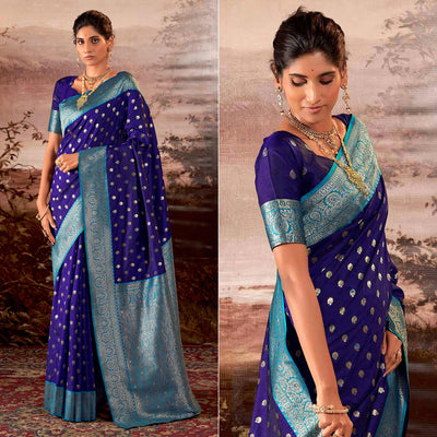 Blue Woven Butti Work Banarasi Silk Saree