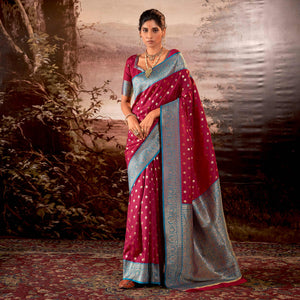 Dark Pink Woven Butti Work Banarasi Silk Saree